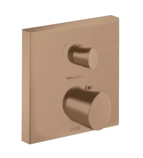 Thermostat mit Ab- und Umstellventil in gebürstetem Rotgold, montiert auf einer quadratischen Platte. Die Marke AXOR ist sichtbar.